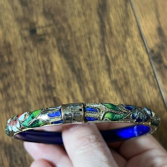 Vintage Cloisonné Blue Gold Floral Motif Enamel Hinged Bangle Bracelet - Picture 6 of 16